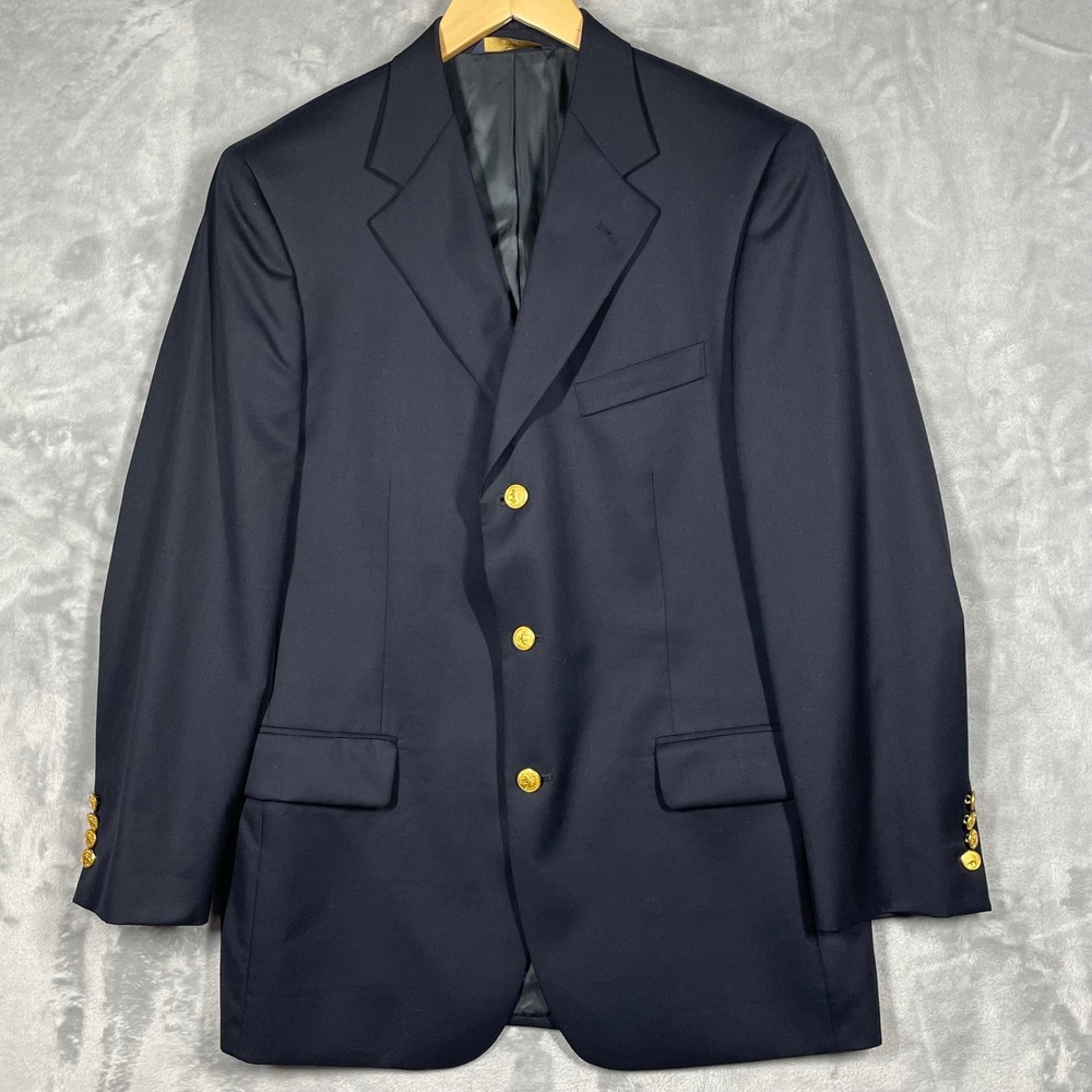 Brooks Brothers 346 Mens Navy Blue 100% Wool 3-Button Gold Crest Blazer 40R